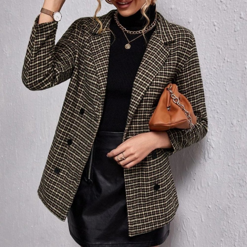 chic double breasted houndstooth & plaid print blazer classy business - Picture 3 of 5